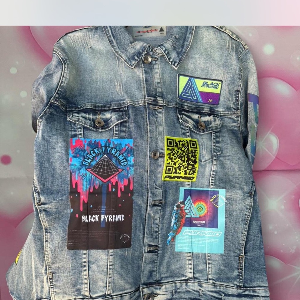 Black Pyramid  Jean Jacket with Colorful Patches